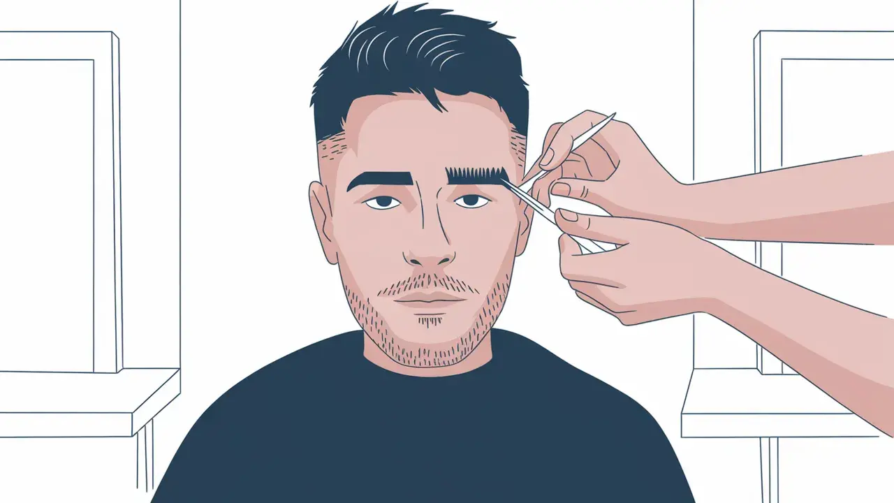Un homme se fait tailler le trait sourcil par une main tenant une pince à épiler et un peigne.