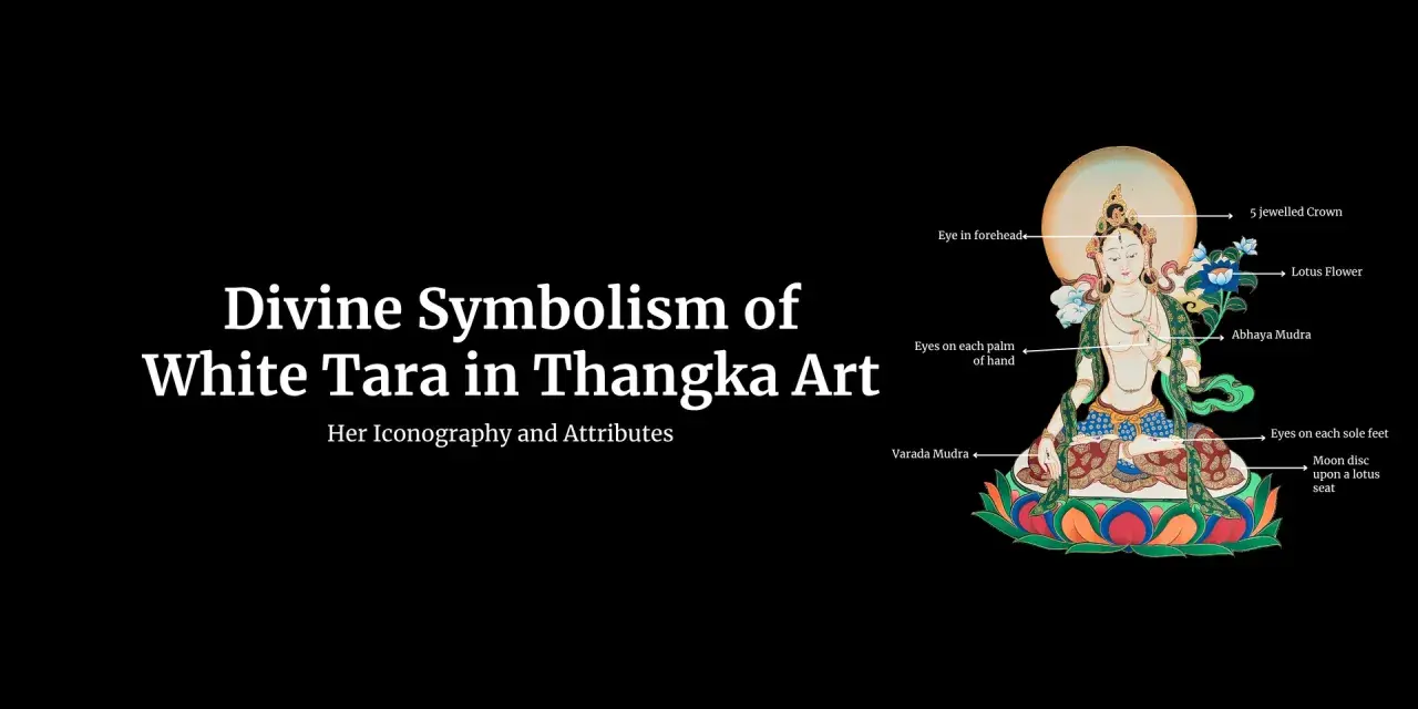 En detaljerad thangka-målning av White Tara, med förklaringar av hennes ikonografi och symbolik, inklusive lotusblomman och hennes mudras.