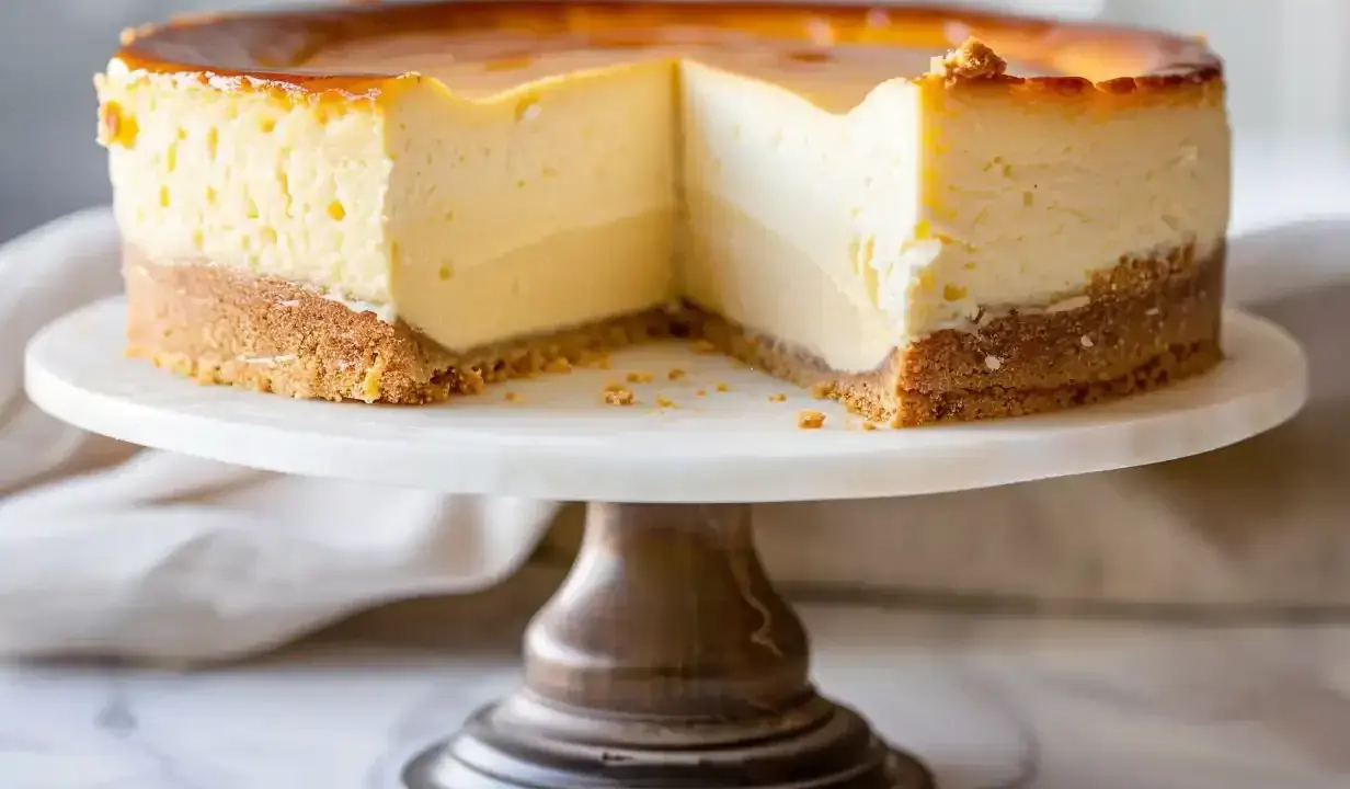 En krämig cheesecake med karamelliserad yta på ett marmorfat. Perfekt för ditt nästa cheesecake recept.