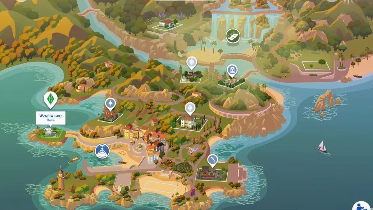 Mapa Tartosa w The Sims 4: malownicza wyspa z domami, plażami i wodospadami.