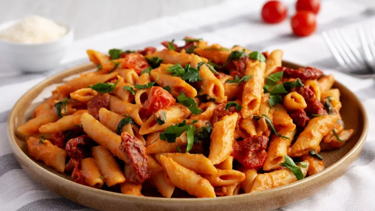 Penne z sosem pomidorowym, kawałkami suszonych pomidorów i świeżą bazylią. Idealne makaron z pomidorkami koktajlowymi na szybki obiad.