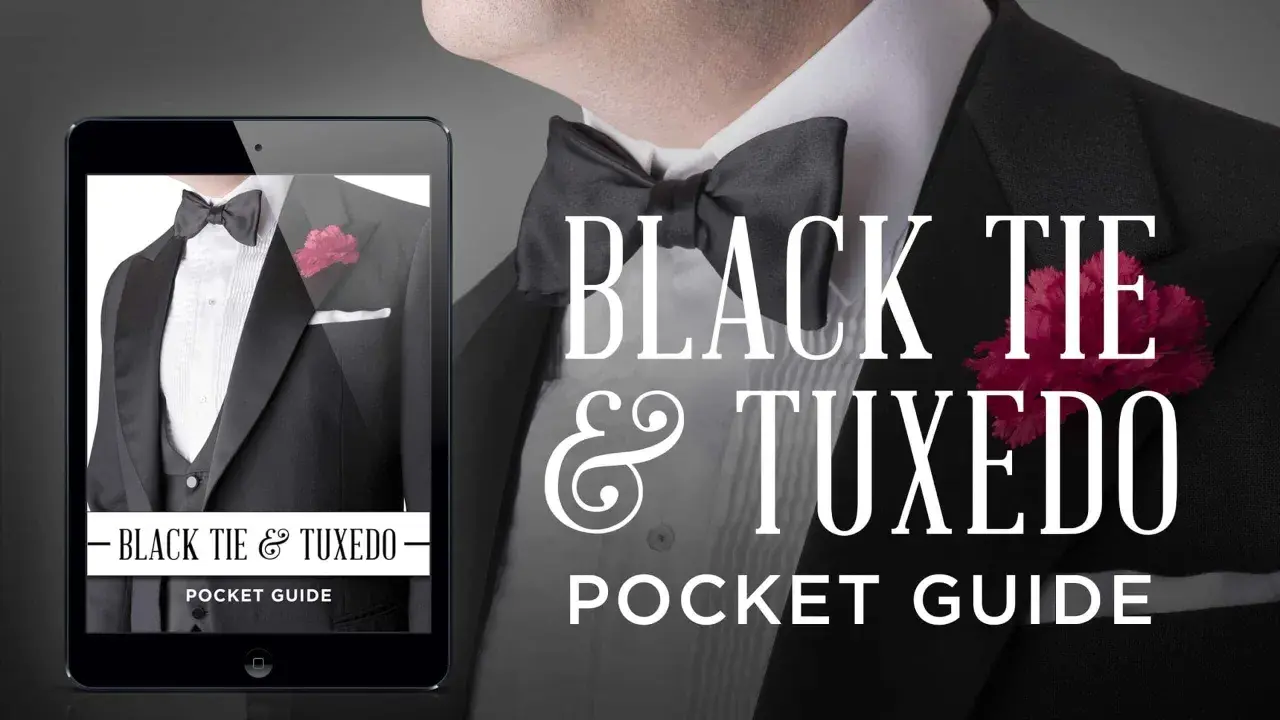 A tablet displays a guide to black tie attire for men, featuring a tuxedo with a bow tie and boutonnière.