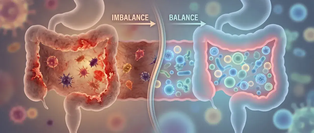 Illustrazione che mostra cos'è la disbiosi intestinale: un intestino con batteri dannosi (sinistra) e uno sano con batteri benefici (destra).