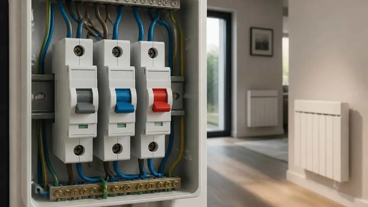 Boîtier électrique avec disjoncteurs, dont un pour le disjoncteur volet roulant, dans un intérieur moderne.