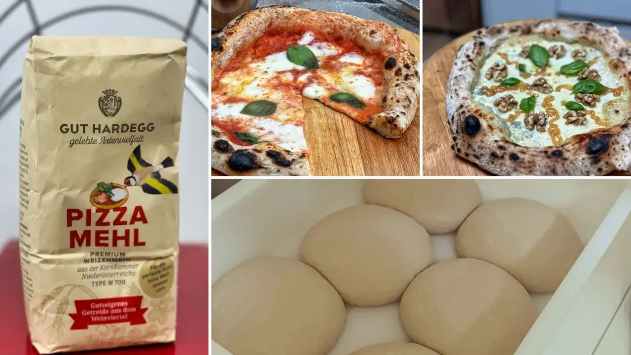 Pizzamehl von Gut Hardegg für perfekten Pizzaboden. Daneben zwei köstliche Pizzen und Teiglinge.