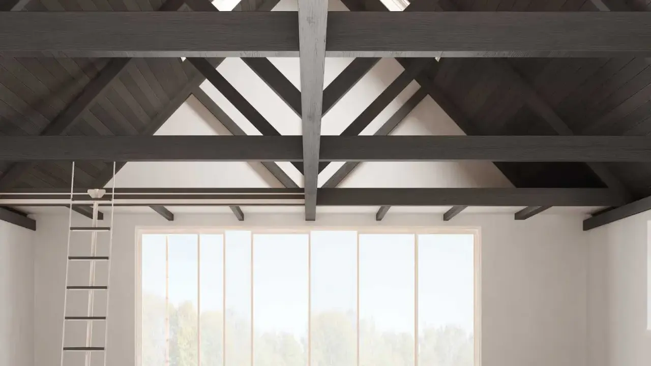 Idée peinture poutre plafond : poutres sombres contrastant avec un plafond blanc, créant un effet visuel saisissant.