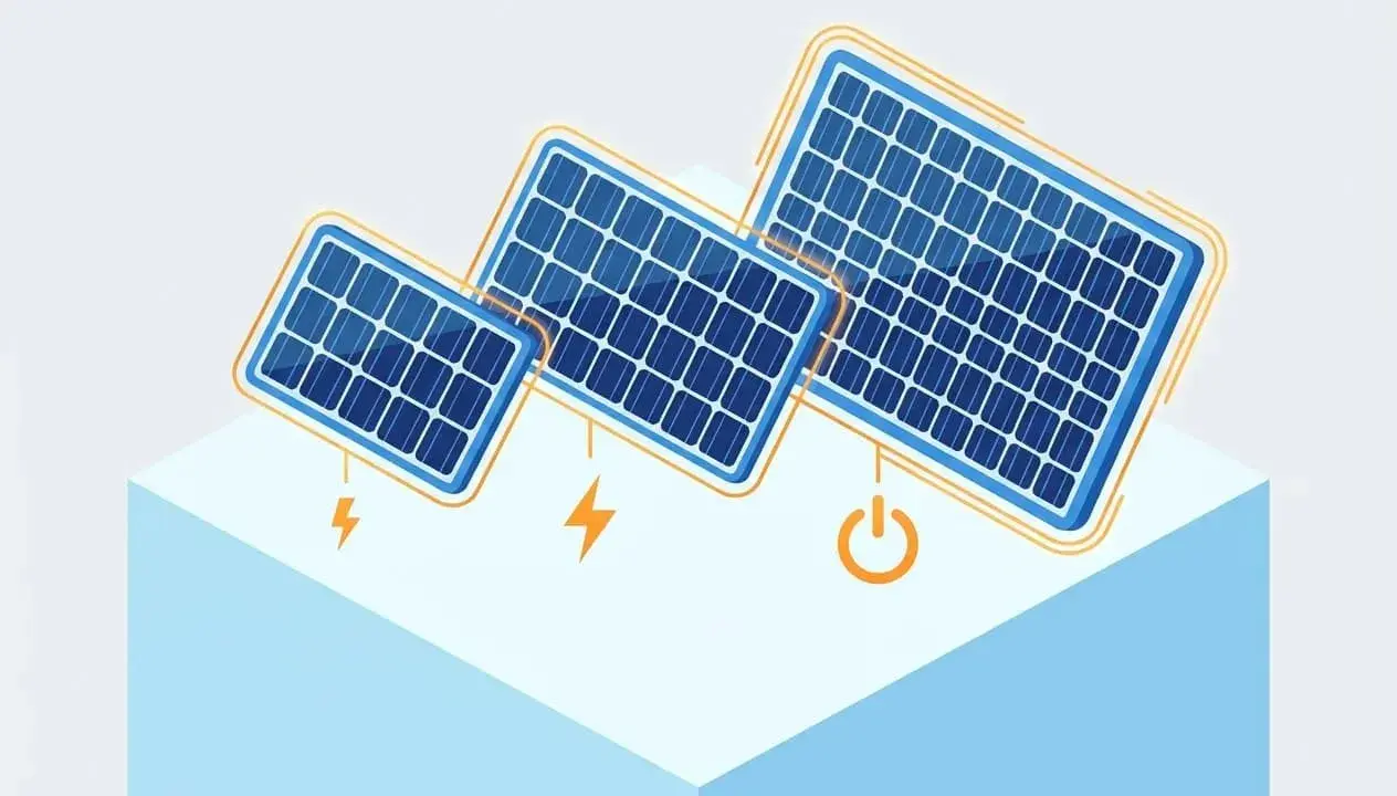 Trois panneaux solaires de tailles différentes sur un cube bleu, symbolisant l'énergie et les conditions STC.