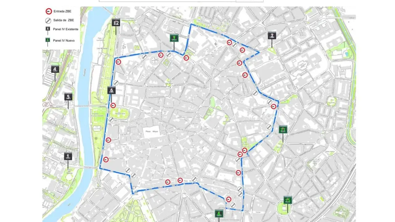 Mapa de la ZBE Valladolid: ruta delimitada, entradas/salidas y paneles informativos.