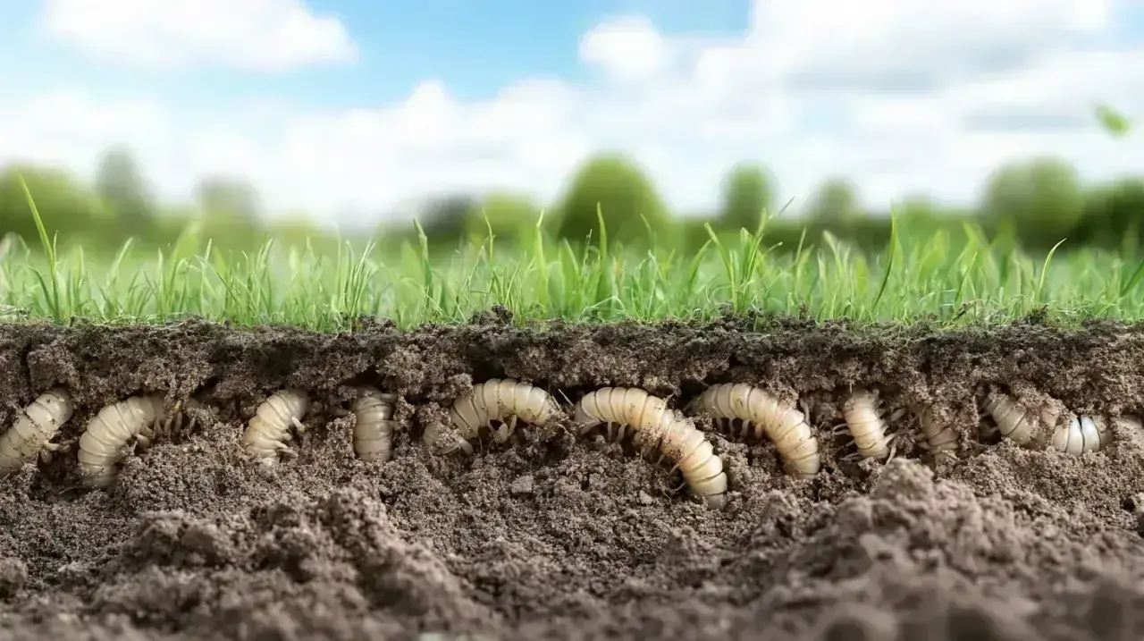 A cross-section of soil reveals a cluster of white grubs burrowing beneath lush green grass. Is it too late to treat for grubs?