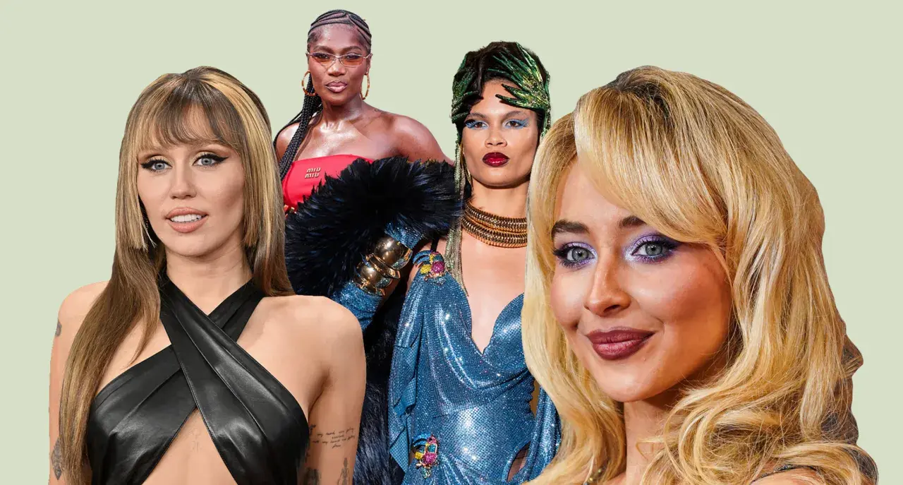 Miley Cyrus, a woman with braids, and two other women with bold makeup and fashion embody a glamorous, yet clean girl aesthetic.