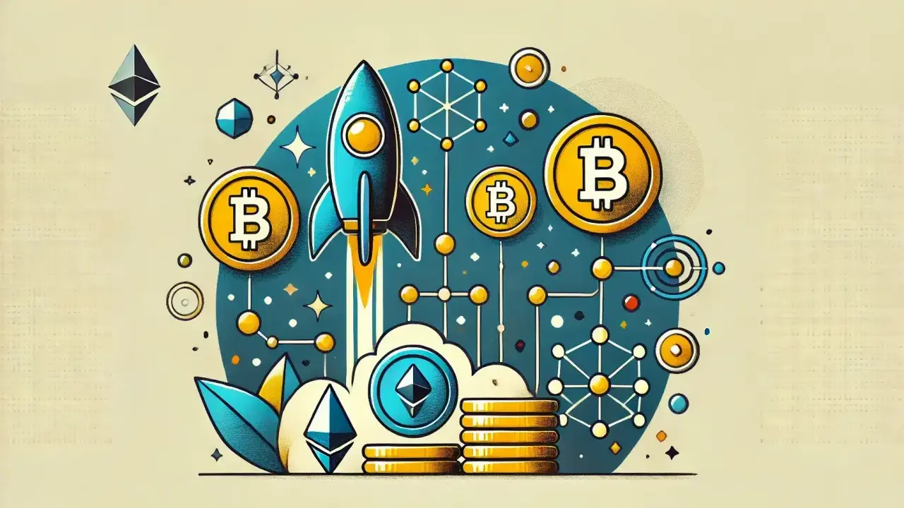 Rakieta startuje, symbolizując potencjał kryptowalut. Bitcoin i Ethereum unoszą się w tle, a sieć połączeń sugeruje, czym jest launchpad w świecie krypto.