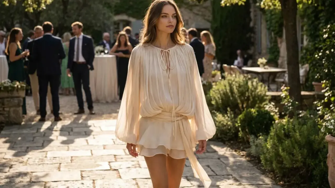 Mujer con vestido vaporoso camina en un jardín, inspirando estilos de boda bohemios y elegantes.