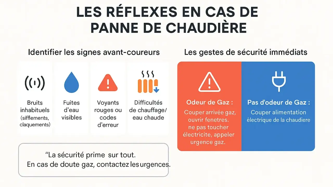 Guide sur les réflexes en cas de panne de chaudière fioul : bruits inhabituels, fuites, voyants rouges, difficultés de chauffage. Que faire si la chaudière fioul démarre puis s'arrête.