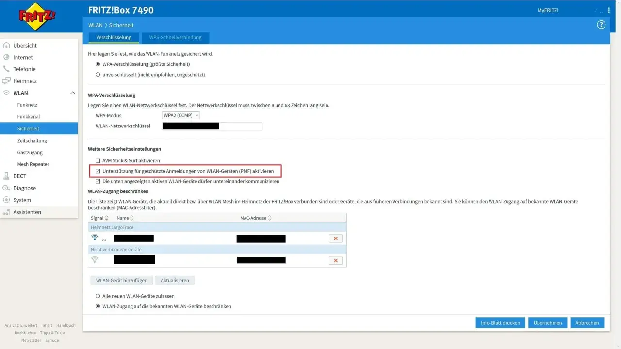 FRITZ!Box Sicherheitseinstellungen: WPA2-Verschlüsselung aktiviert, PMF-Unterstützung für sichere WLAN-Anmeldungen.