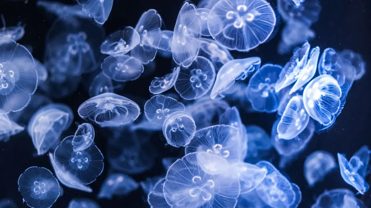Un banco di meduse luminose fluttua nell'oscurità, creando uno spettacolo etereo.