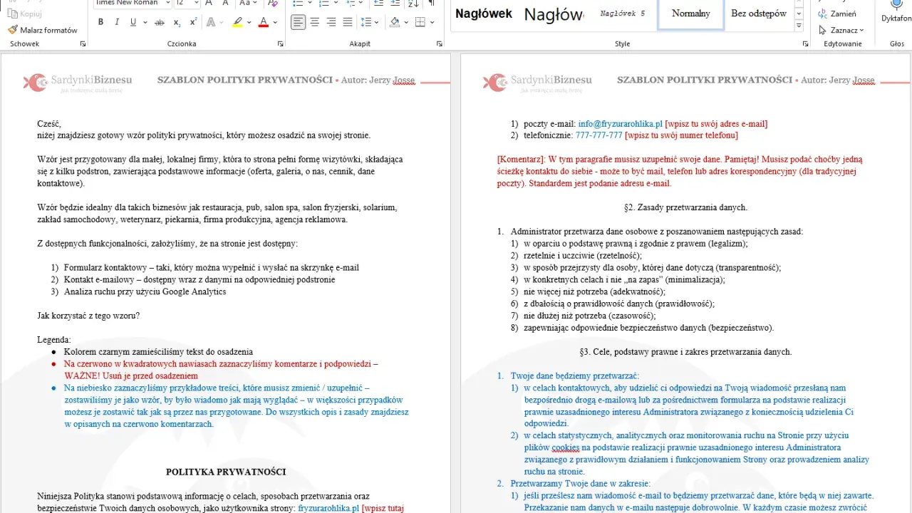 Gotowy wzór polityki prywatności dla lokalnych firm. Dokument zawiera kluczowe informacje o przetwarzaniu danych osobowych, zgodny z prawem.