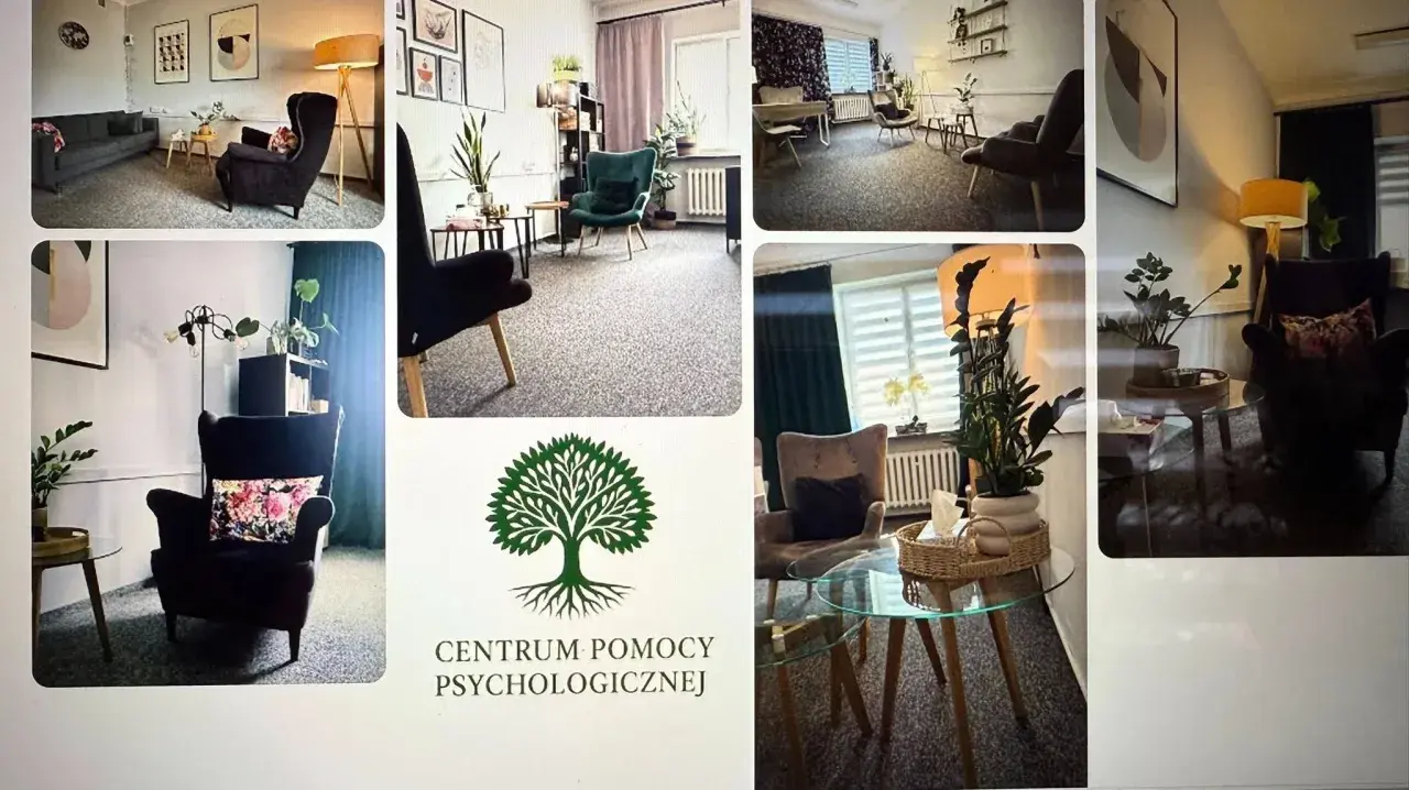 Kolaż zdjęć wnętrz gabinetów psychologicznych, z widocznymi fotelami, kanapami i roślinami.