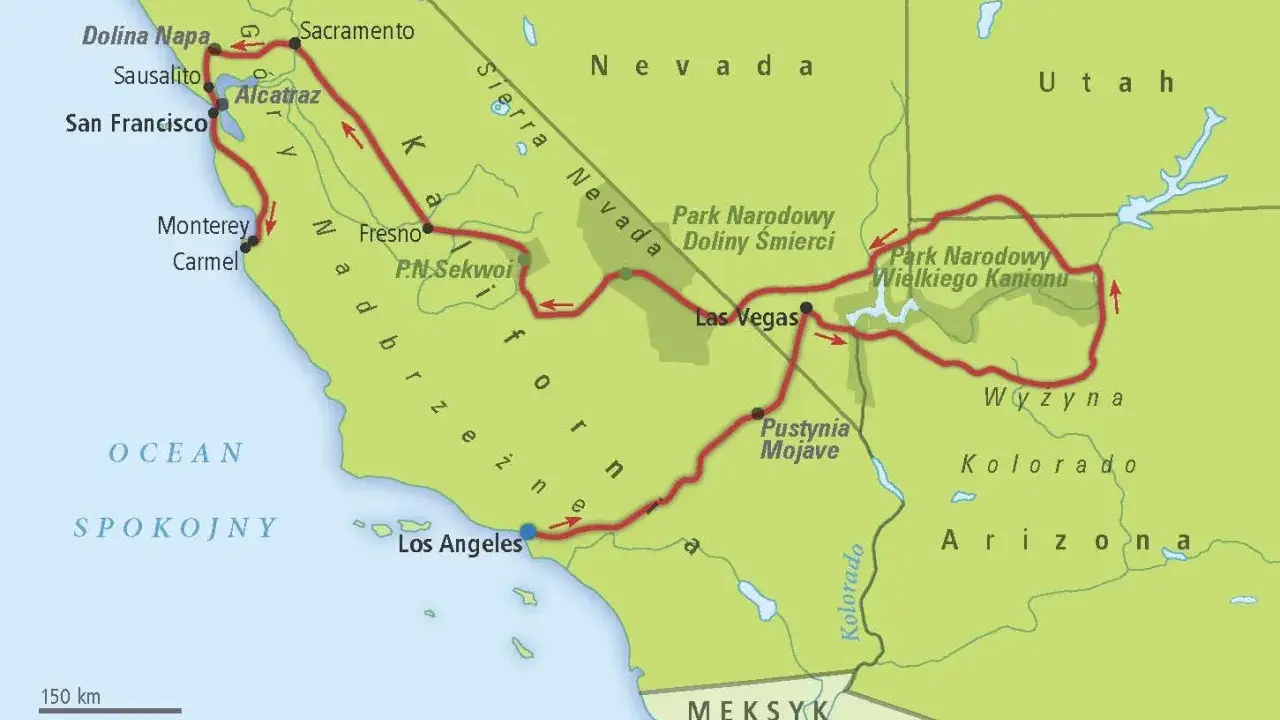 Mapa pokazuje trasę przez Kalifornię, Nevadę i Arizonę, gdzie leży Las Vegas, między parkami narodowymi i pustynią Mojave.