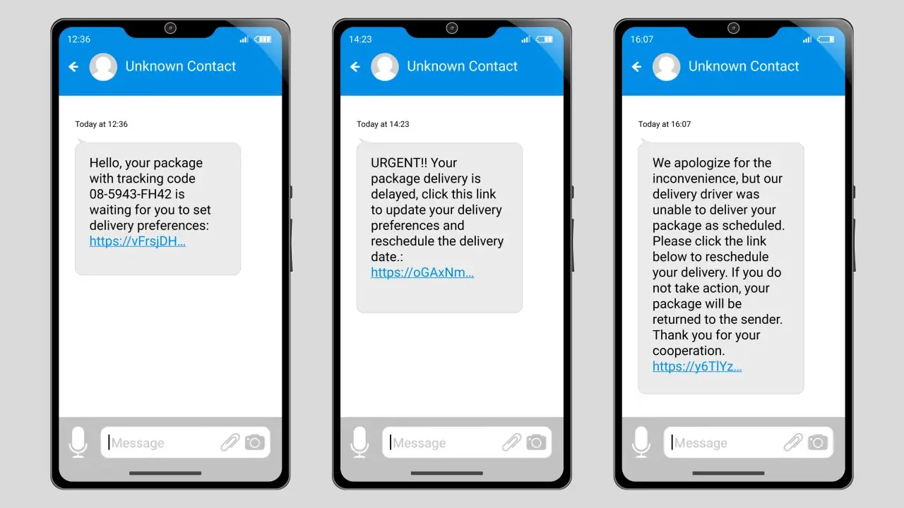 Drei Handys zeigen Nachrichten von "Unbekanntem Kontakt" über Paketlieferungen. Die Nachrichten sind Beispiele für Smishing-Phishing-Versuche, die Nutzer zum Klicken auf Links verleiten sollen.