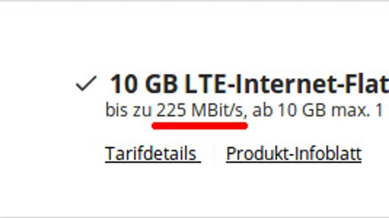10 GB LTE-Internet-Flat mit bis zu 225 MBit/s. Die mb/s bedeutung hier ist Megabit pro Sekunde, eine Angabe zur Geschwindigkeit.