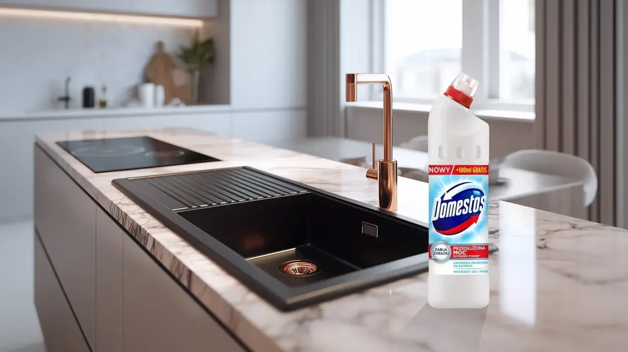 Domestos na zatkany zlew. Nowoczesna kuchnia z czarnym zlewem i złotą baterią, obok butelka Domestos.