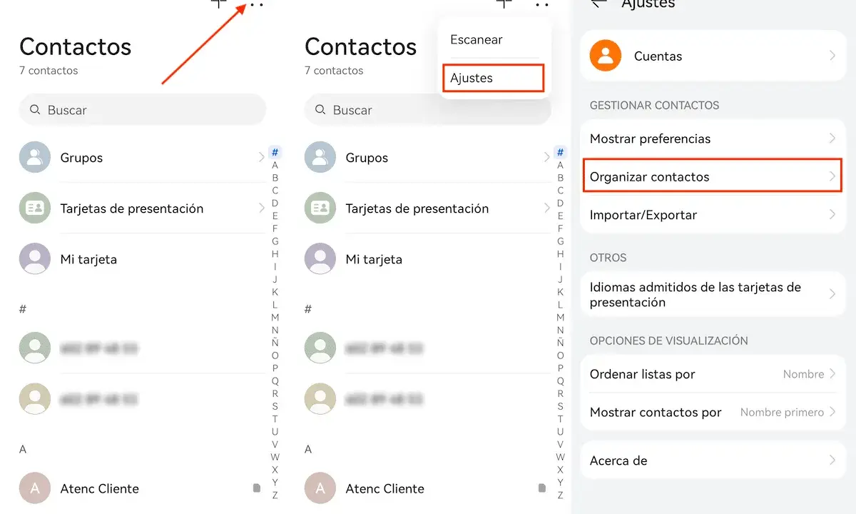 Jak przywrócić kontakty z kosza? Kliknij "Ajustes" (Ustawienia), a następnie "Organizar contactos" (Organizuj kontakty).