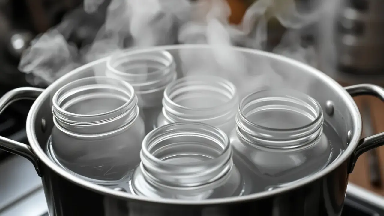 Fünf leere Glasflaschen werden in einem Topf mit kochendem Wasser sterilisiert, um sie für die Konservierung vorzubereiten.