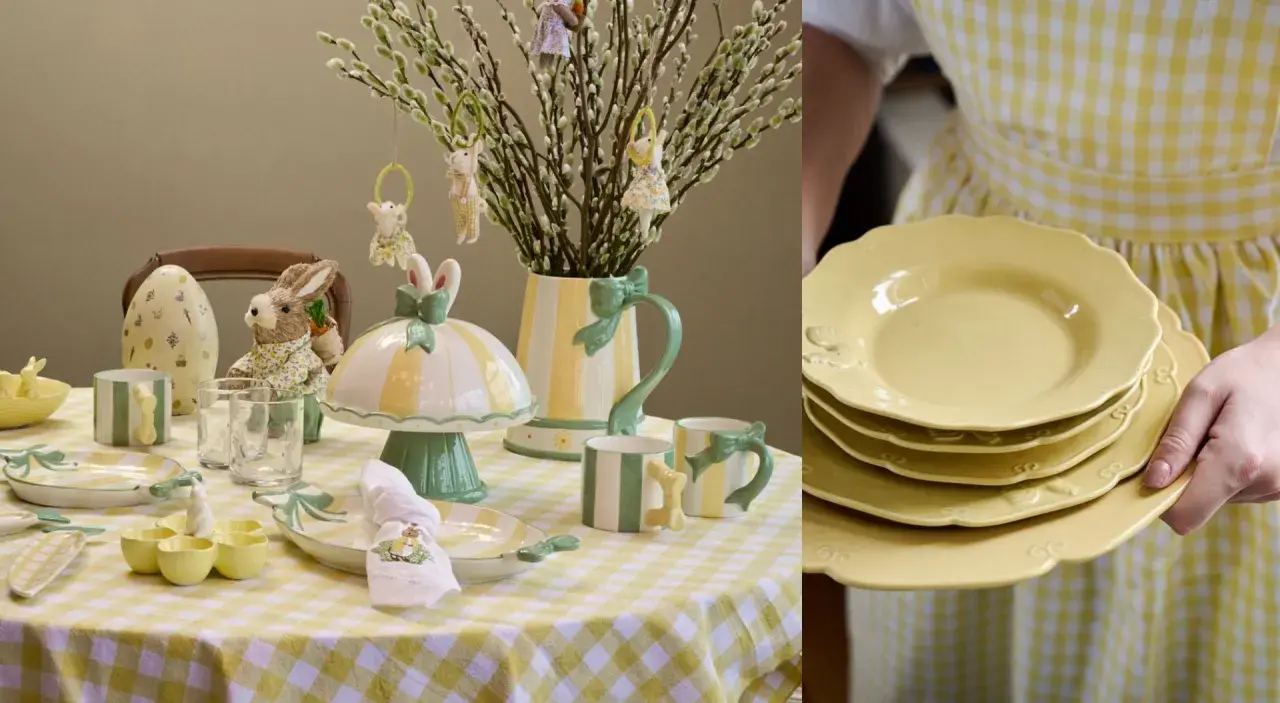 Härlig påskdukning inspiration med gula och gröna detaljer. En dukning med påskägg, kaniner och videkissar.
