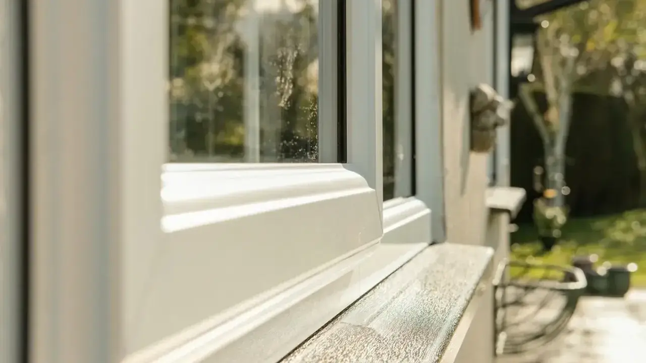 Biały parapet z konglomeratu na zewnątrz, z widokiem na zielony ogród.