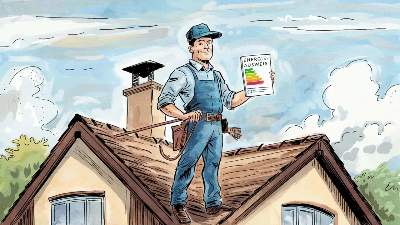 Schornsteinfeger auf dem Dach hält Energieausweis. Er erklärt, was kostet ein energieausweis vom schornsteinfeger.