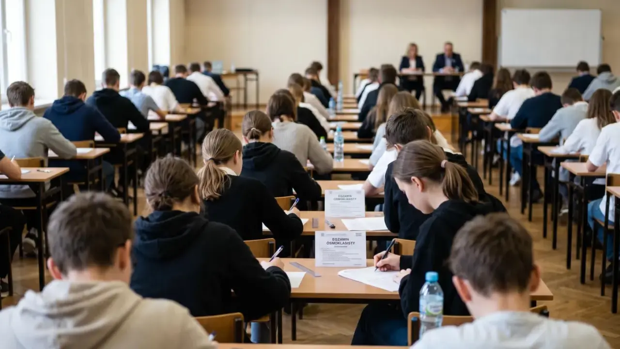 Uczniowie piszą egzamin ósmoklasisty z matematyki. Czas na rozwiązanie zadań jest ograniczony, a atmosfera skupienia panuje w sali.