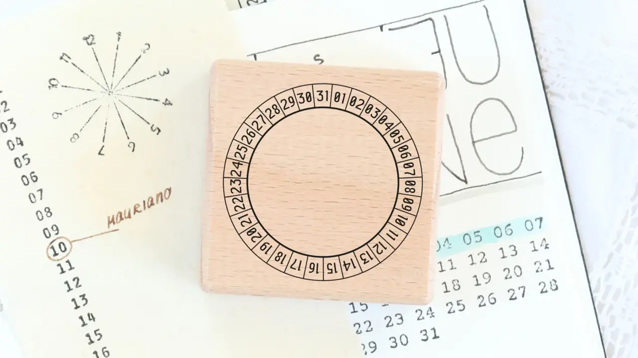 Holzstempel mit Kreis und Zahlen für den koptischen Kalender, daneben eine handgezeichnete Monatsübersicht.