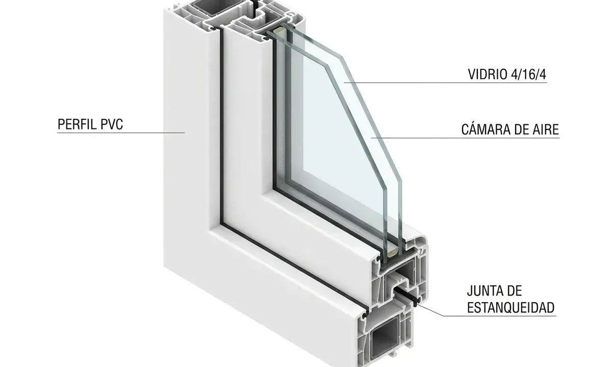 Sección de ventana de PVC con doble acristalamiento y junta de estanqueidad, ideal para empresas adheridas al plan renove de ventanas.