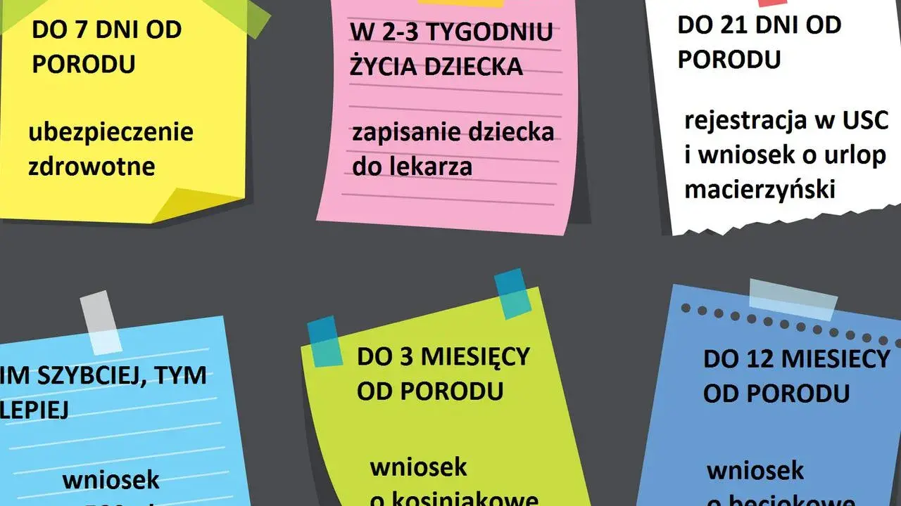 Terminy na załatwienie formalności po porodzie: ubezpieczenie, rejestracja dziecka, wniosek o urlop macierzyński, 500+, becikowe i kosiniakowe.
