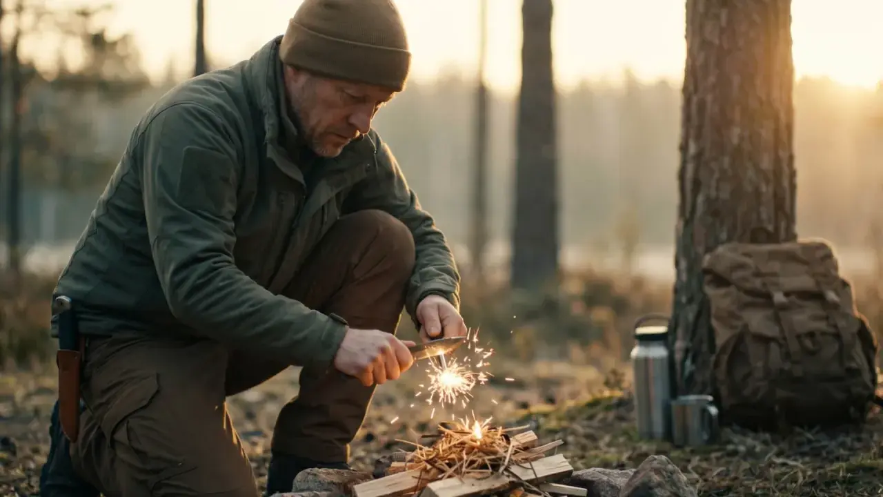 Mężczyzna w lesie, jak preppers, roznieca ogień krzesiwem. Obok plecak i termos.