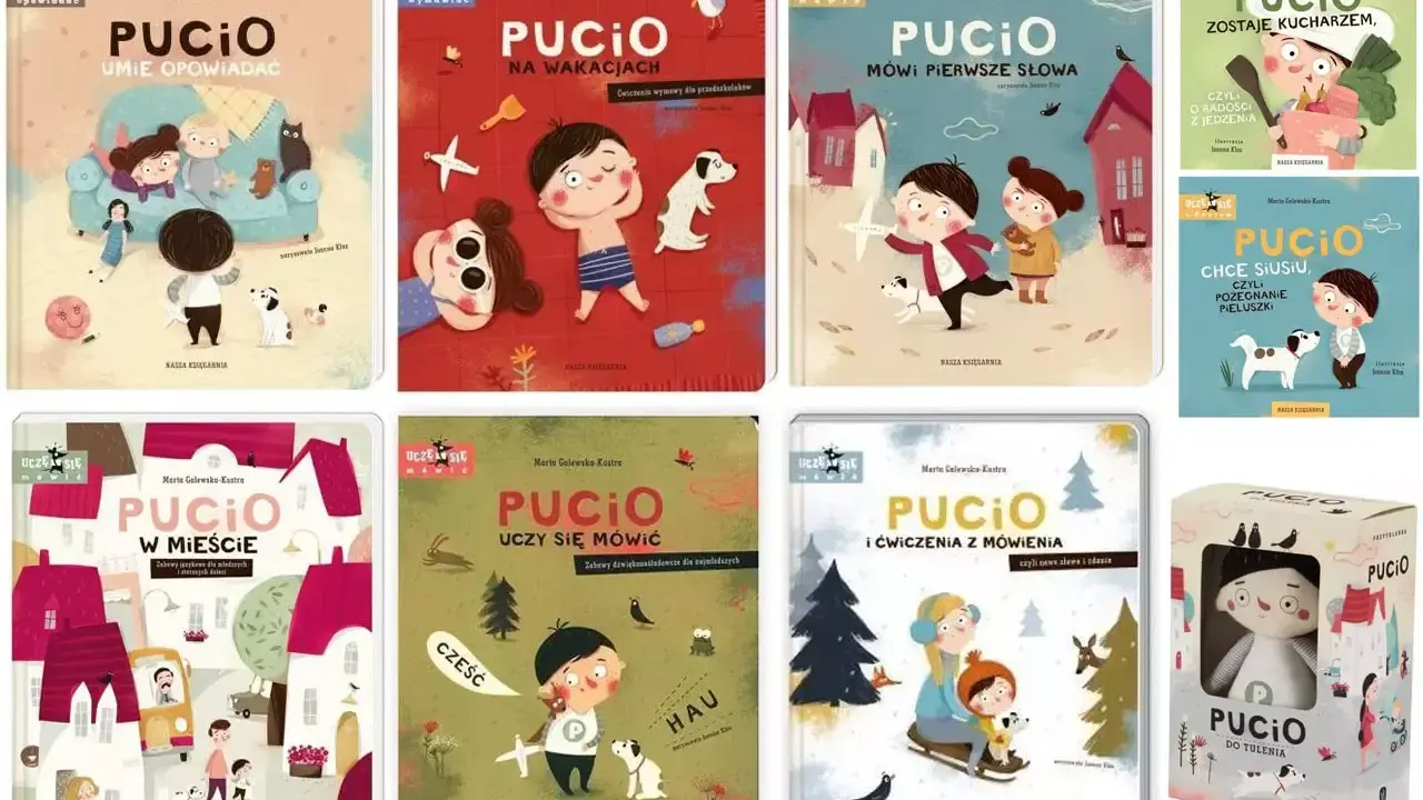 Książki z Pucio: "Pucio umie opowiadać", "Pucio na wakacjach", "Pucio mówi pierwsze słowa", "Pucio zostaje kucharzem", "Pucio w mieście", "Pucio uczy się mówić", "Pucio i ćwiczenia z mówienia" oraz maskotka Pucio.