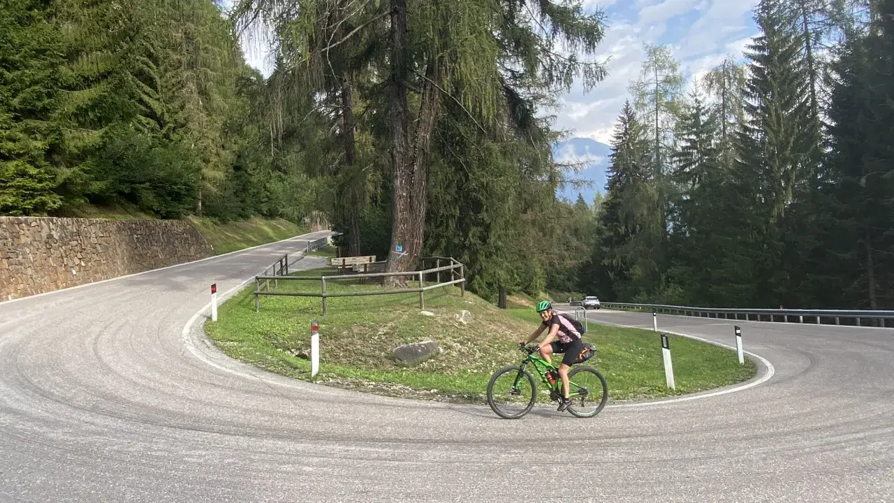 Ciclista su strada tortuosa, immersa nel verde del **campo Carlo Magno**, con alberi secolari e montagne sullo sfondo.