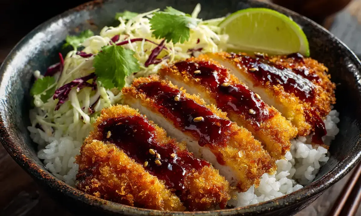 Krispig chicken katsu med ris, kålsallad och en mörk sås. En limeklyfta toppar rätten.