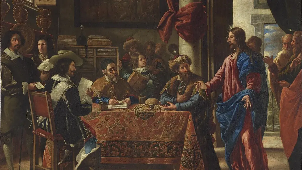 Jezus wita się z celnikami, jak opisano w Mt 9. Scena rozgrywa się w bogato zdobionym wnętrzu, gdzie Jezus w różowej i niebieskiej szacie rozmawia z mężczyznami przy stole.