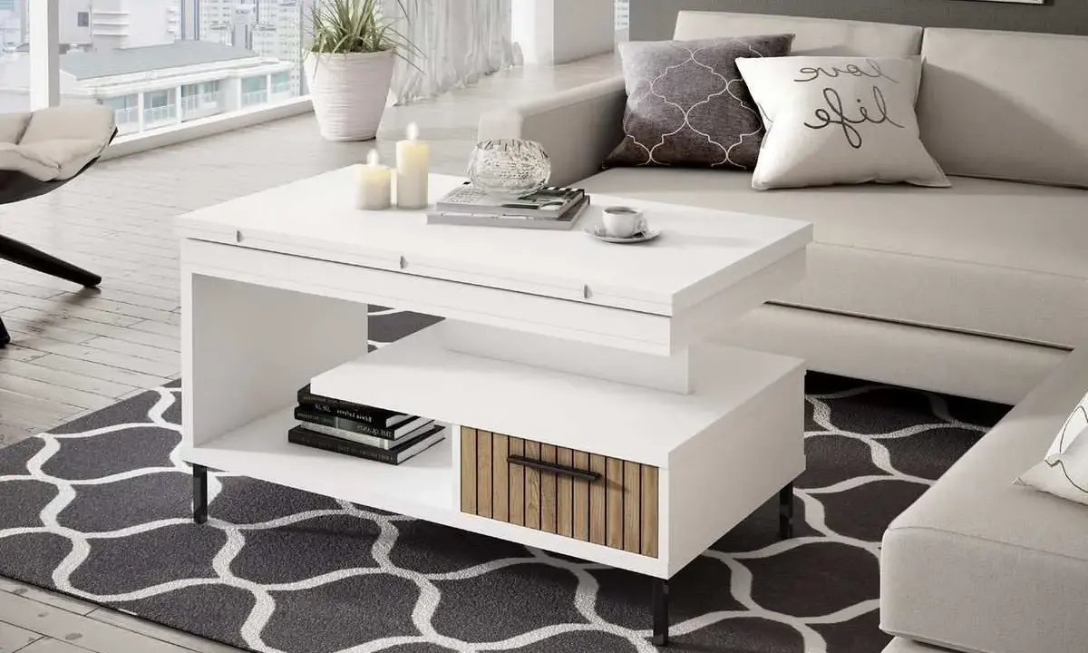 Mesa elevable con motor, ideal para tu sala. Con compartimentos y diseño moderno.