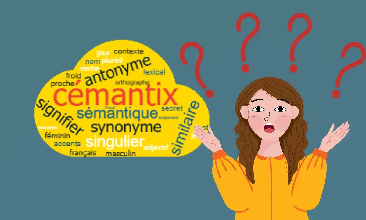 Une jeune femme perplexe face à un nuage de mots sur la sémantique, les synonymes et les antonymes.