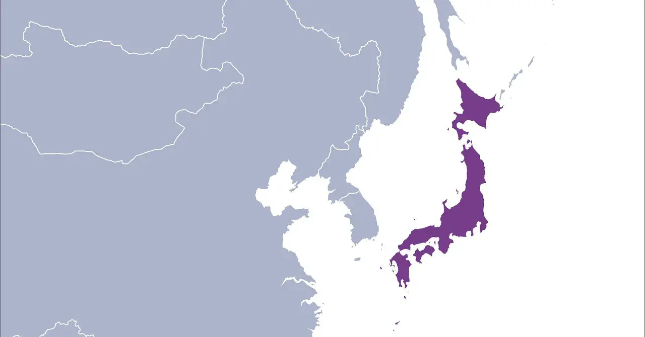 Karte von Japan in Lila auf weißem Hintergrund, mit angrenzenden asiatischen Ländern in Grau.