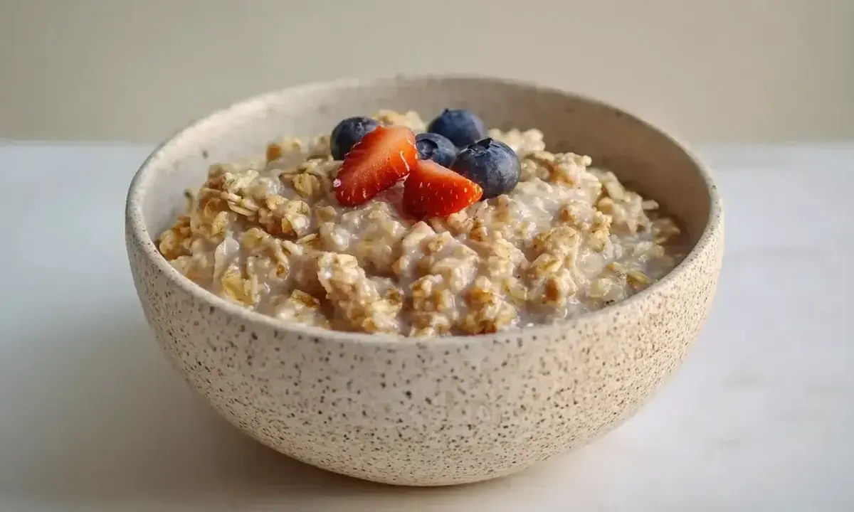 En skål med overnight oats, toppad med färska jordgubbar och blåbär. En perfekt start på dagen!