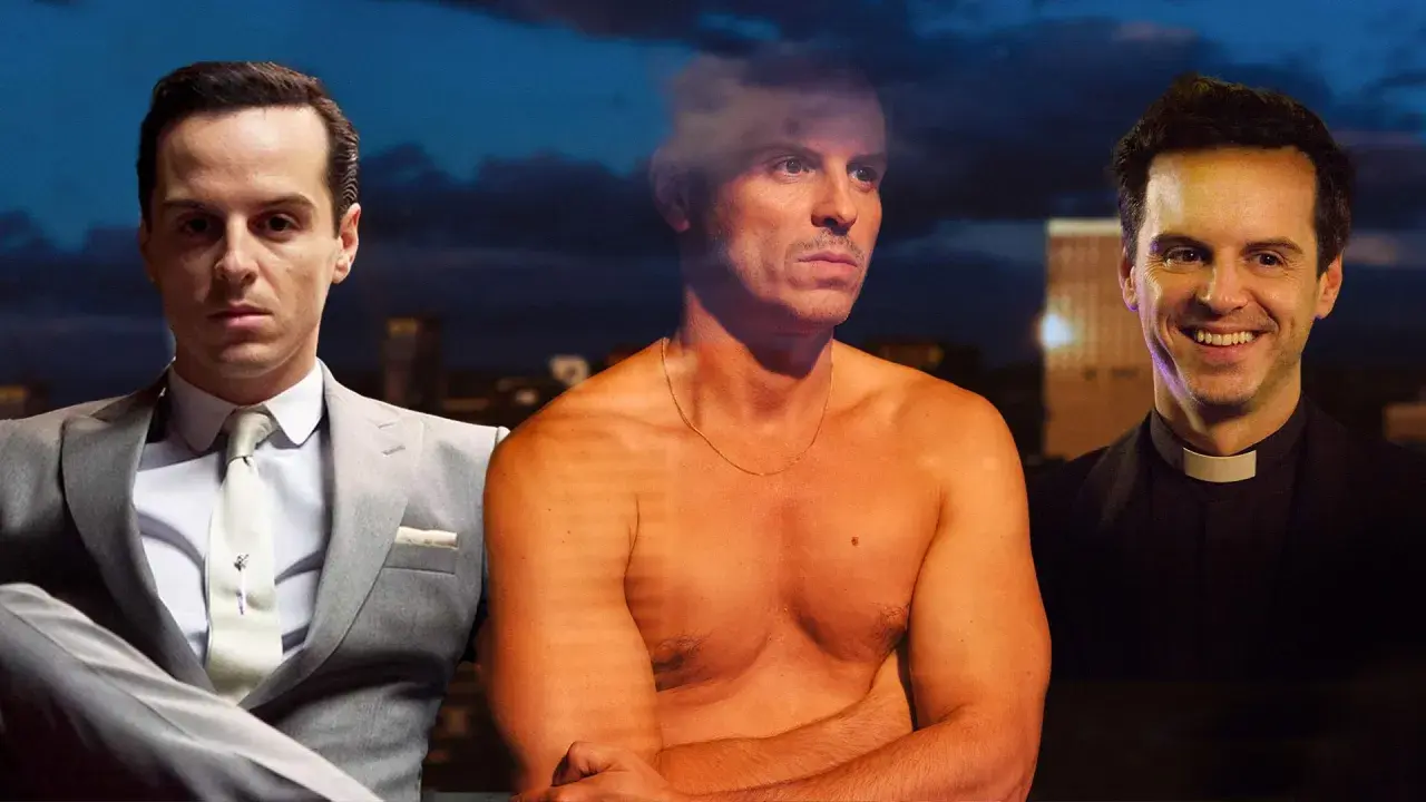 Andrew Scott i tre roller: i kostym, barbröstad och som präst. En hyllning till hans filmer och tv-program.