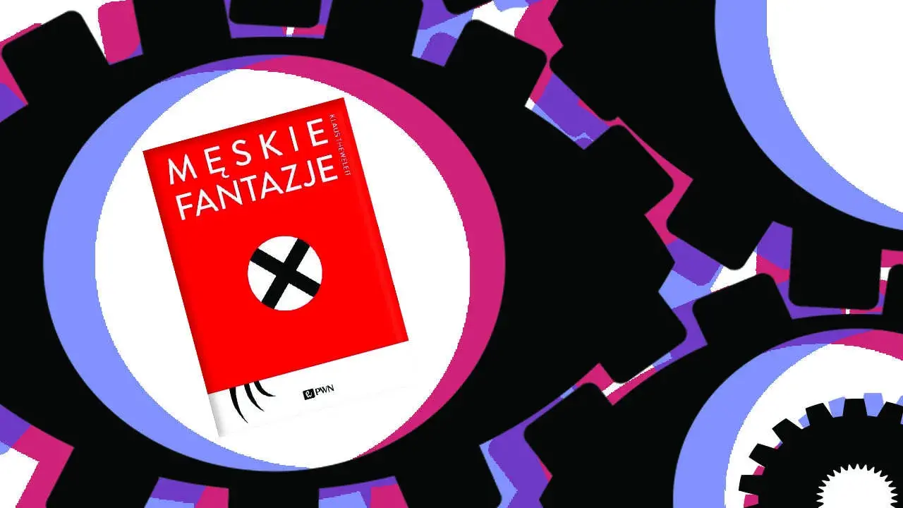 Czerwona okładka książki "Męskie fantazje" z symbolem krzyża w okręgu, otoczona przez czarne koła zębate z kolorowymi wstawkami. To nie jest zwykła inwektywa, to prowokacja.