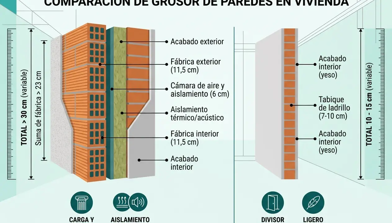 Comparación de grosores de paredes. Muestra una pared con fábrica exterior e interior de ladrillo, aislamiento y cámara de aire.