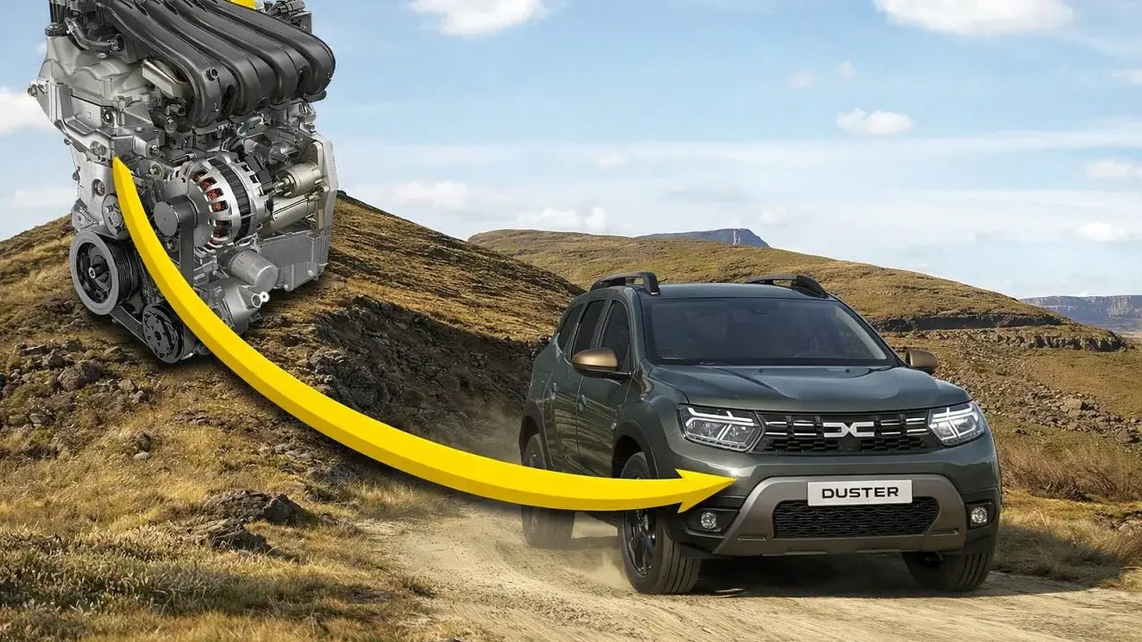 Silnik Dacia Duster 2 na tle górskiego krajobrazu. Żółta strzałka symbolizuje moc i dynamikę.