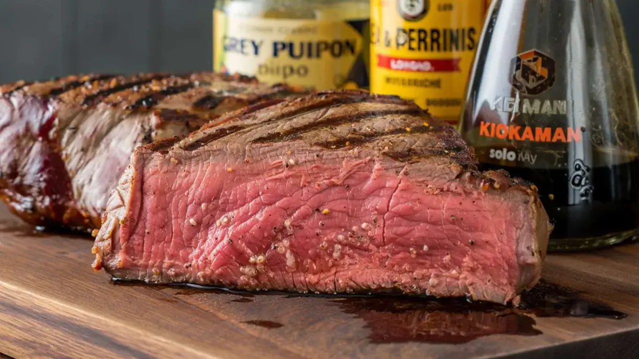 Saftiges, medium-gebratenes Steak mit Grillstreifen, daneben Flaschen für die perfekte Steak Marinade.