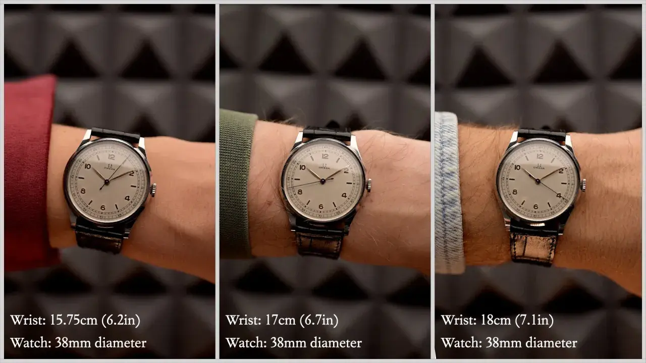Tre polsi di diverse dimensioni (15.75, 17, 18 cm) con lo stesso orologio da 38mm. Utile per capire come si misura la cassa di un orologio.