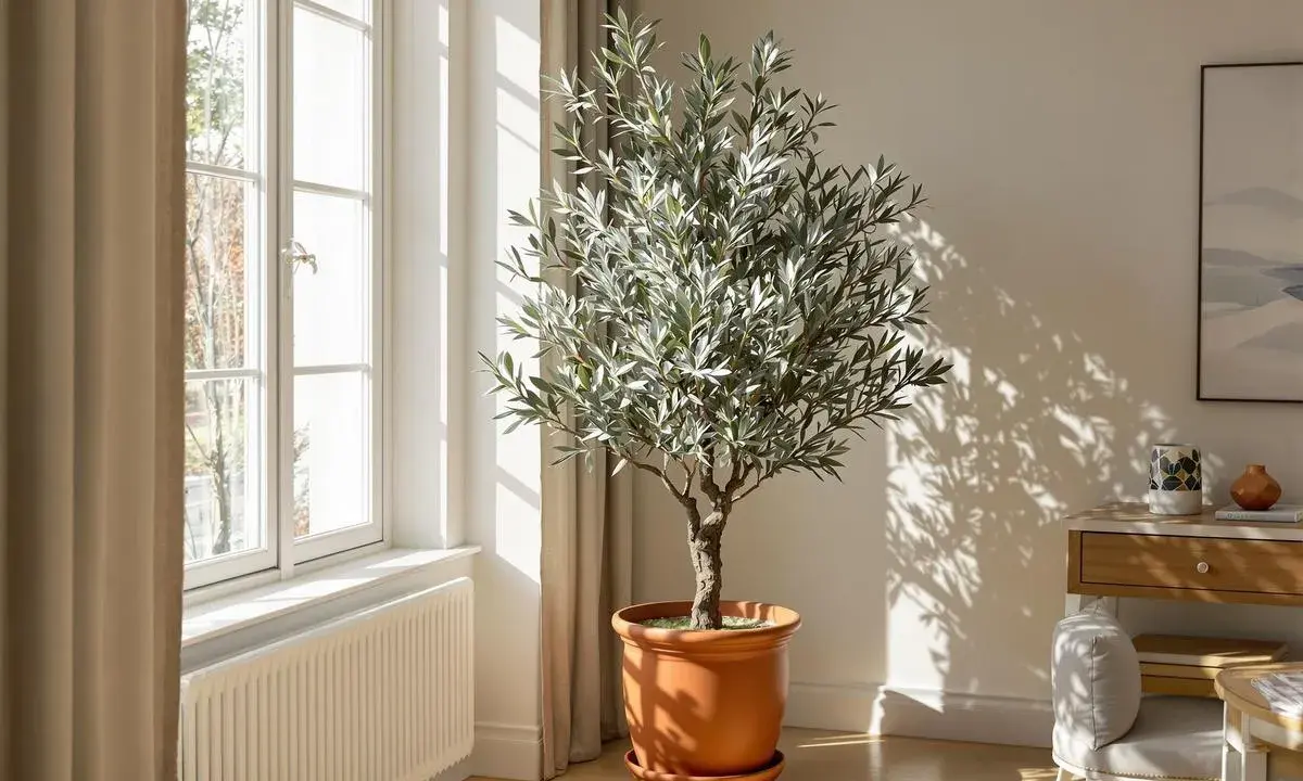 Un bel olivier en intérieur, baigné de lumière naturelle près d'une fenêtre. Ses feuilles argentées projettent des ombres dansantes sur le mur.